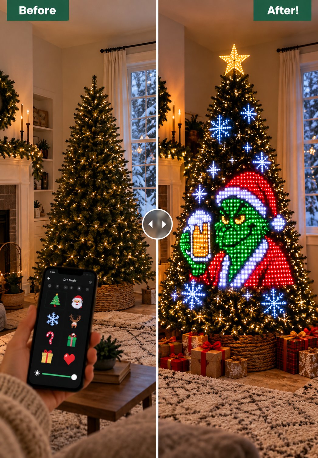 Before and after adding GlowMerry lights